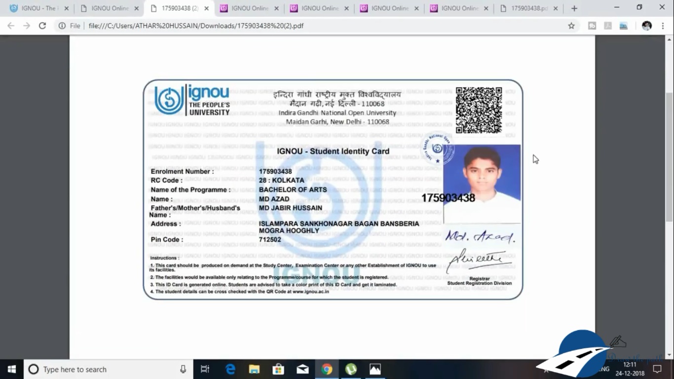 IGNOU New Identity card will be displayed on your screen : IGNOU Identity Card